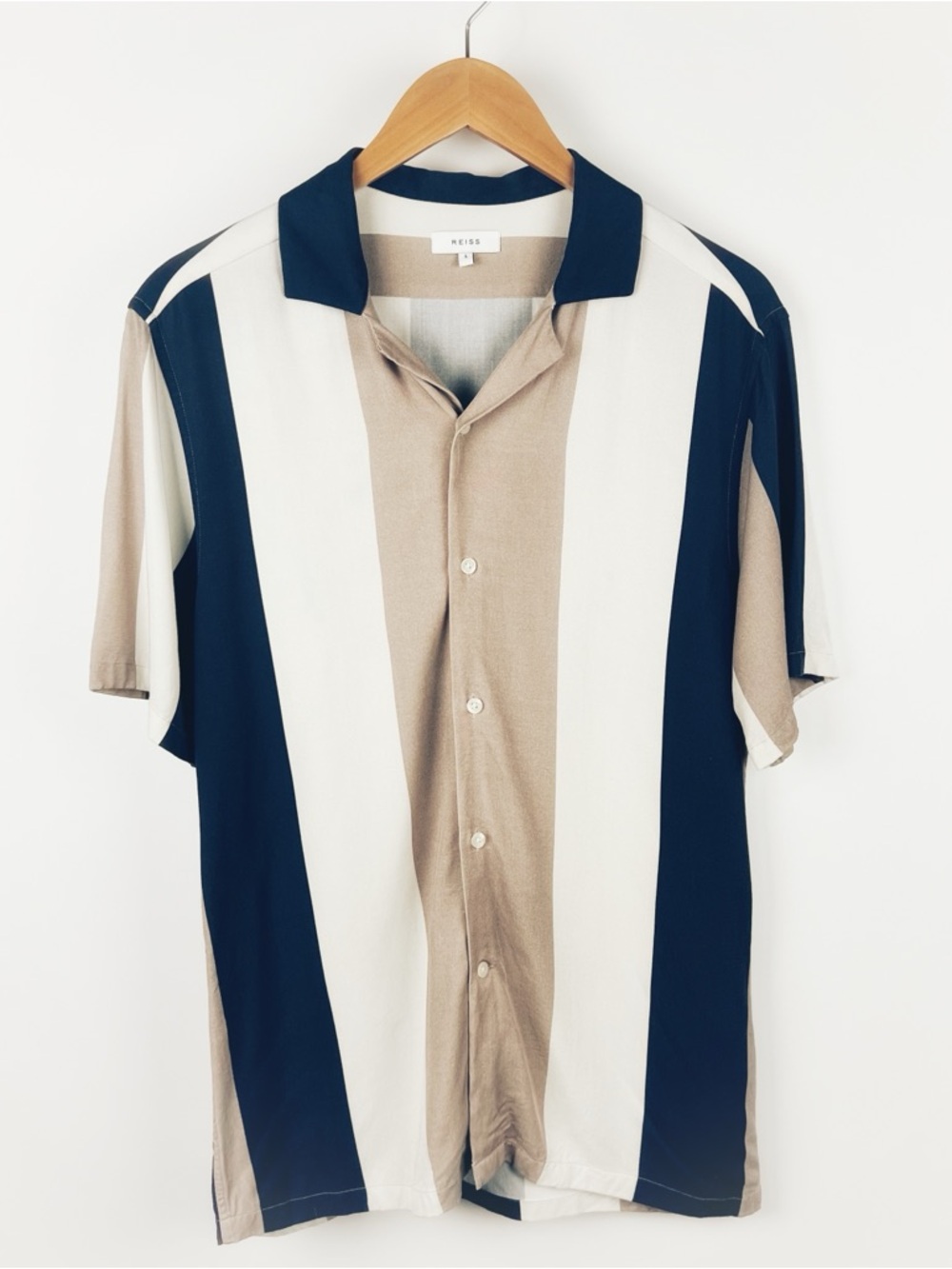 Reiss Vertical Stripe 100% Viscose Short Sleeve Button Down Shirt Navy Size L